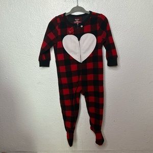 Unisex 12 month Red Black plaid heart footed pajamas fleece warm